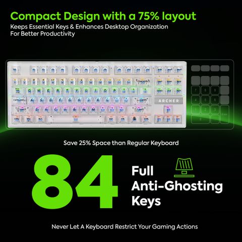 Tizum Archer Tech Lab Wired USB, Wireless Standard Gaming Keyboard Compatible with Desktop, Laptop, Mac, Tablet (White) - Image 6