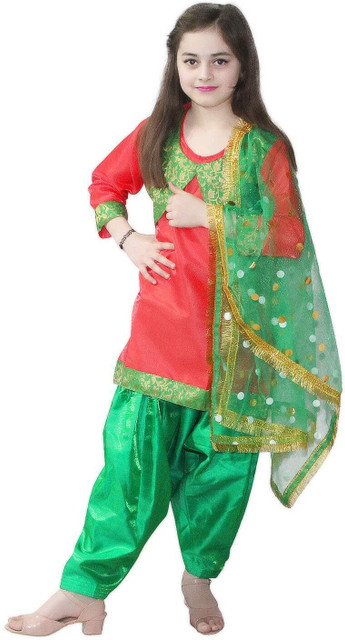 KAKU FANCY DRESSES Punjabi Suit Salwar with Dupatta For Girls, Dance  Costume -Green Red 7-8 Yrs Kids Costume Wear