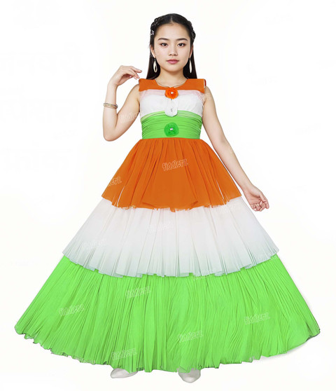 FIDDLERZ 14 to 15 year Role Play Dress Net Tiranga Color Short Sleeve  Baby Girl Frock Kids Costume Wear