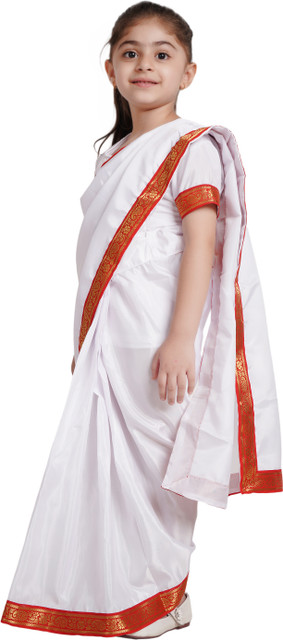 KAKU FANCY DRESSES Bengali White Saree For Girls, Folk Dance Costume -White  Red, 5-6 Year Kids Costume Wear