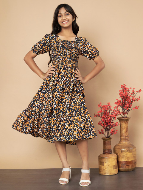 LookShine Girl Animal Print A-Line Dress For Girls (Black, 13-14Y)