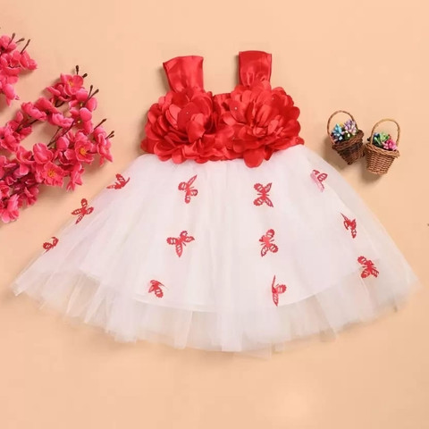 open lace back dress Baby Girl Sheer Ruffle Hem Party Dress with Floral Bows – MamaToddler main image 0