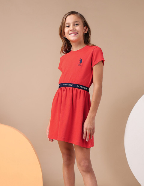 U.S. Polo Assn. Kids Girls Solid Fit And Flare Dress, Red (6-7Y)
