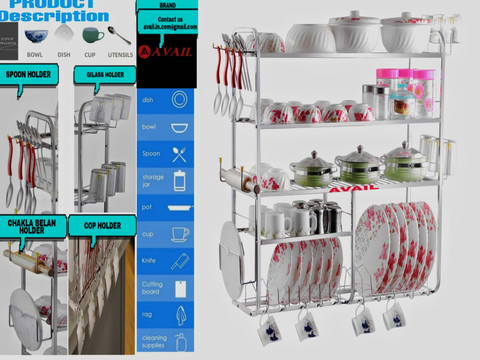 AVAIL Utensil Kitchen Rack Steel Shelves Dish Rack Steel