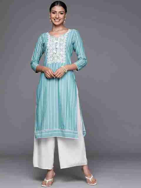 LIBAS Women's Blue Striped Embroidered Cotton Blend Straight Kurta - Image 3