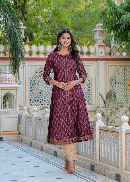 Yash Gallery Women's Cotton Floral Print Anarkali Kurta - Red, 3/4 Sleeves, Scoop Neck