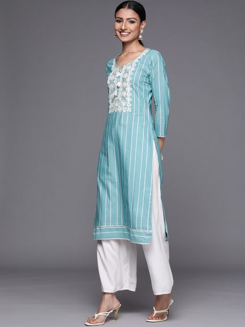 LIBAS Women's Blue Striped Embroidered Cotton Blend Straight Kurta - Image 4