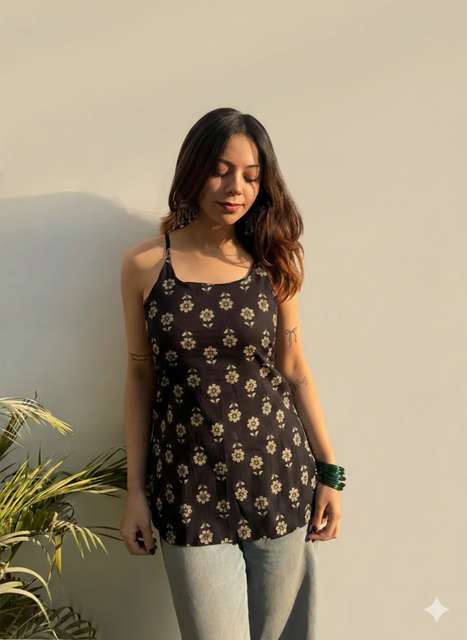 VRAJRANI TRENDS Casual Shoulder Straps Floral Print, Printed Women Black Top view 2