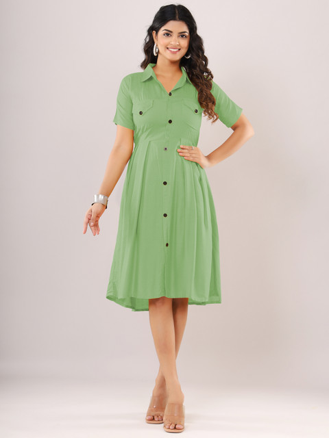 WOMEN VILLAGE Women A-line Green Knee Length Dress - Buy WOMEN VILLAGE  Women A-line Green Knee Length Dress Online at Best Prices in India |  Flipkart.com