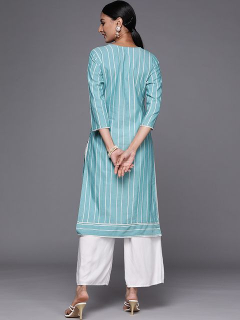 LIBAS Women's Blue Striped Embroidered Cotton Blend Straight Kurta - Image 5