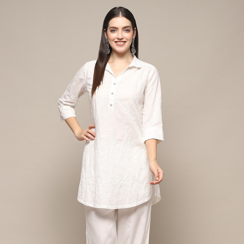 BIBA Women Cotton Straight Fit Embroidered Short Kurta
