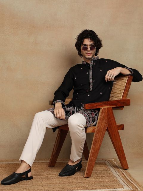 House of Pataudi Embroidered Viscose Rayon Straight Kurta (Black) - Image 6