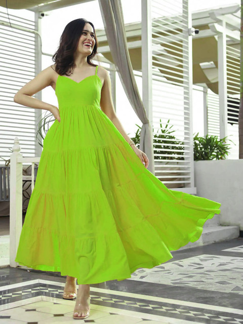 bright green dress women Lime Green Puff Hem Cotton Dress – Sculpted Silhouette main image 1