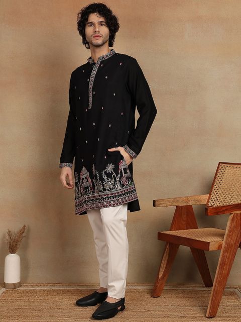 House of Pataudi Embroidered Viscose Rayon Straight Kurta (Black) - Image 7