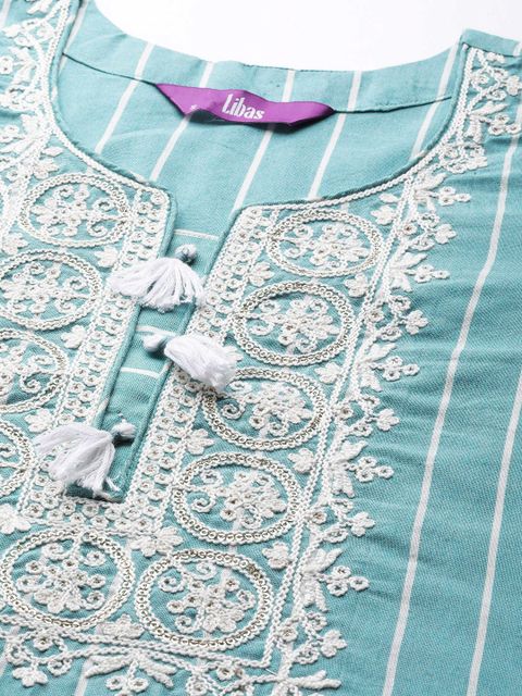LIBAS Women's Blue Striped Embroidered Cotton Blend Straight Kurta - Image 6