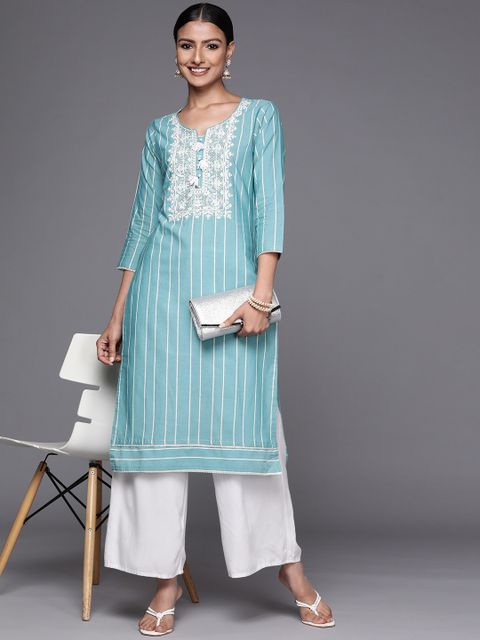 LIBAS Women's Blue Striped Embroidered Cotton Blend Straight Kurta - Image 7
