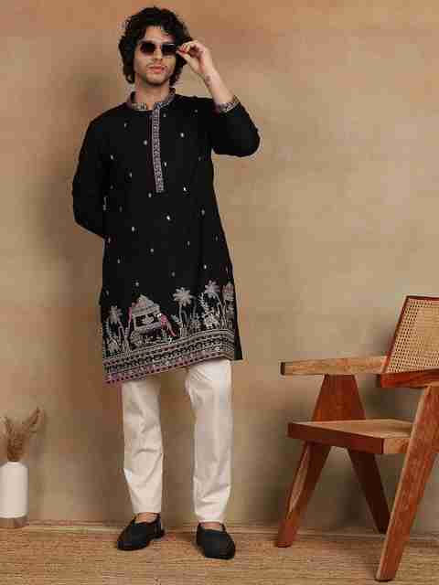 House of Pataudi Embroidered Viscose Rayon Straight Kurta (Black) - Image 5