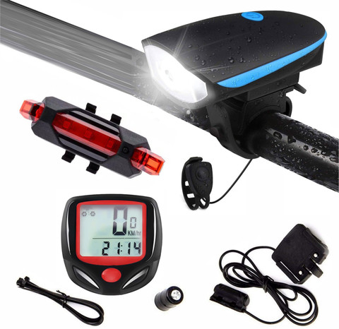DSTECHBAR Bicycle Headlight and Horn, Red Taillight, Speedometer Odometer  (Combo) LED Front Rear Light Combo