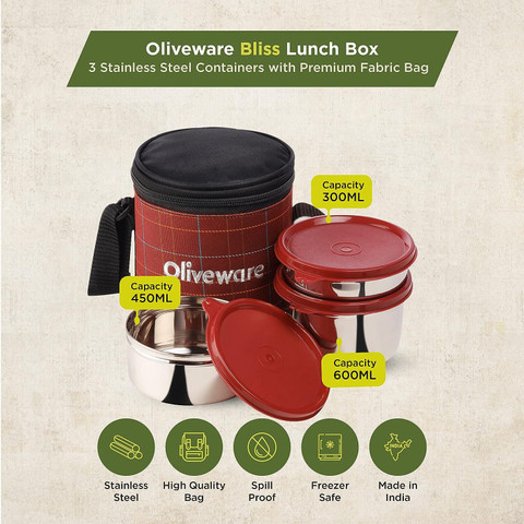 Oliveware Bliss Lunch Box Stainless Steel Containers| Leak Proof Easy  to Carry Containers Lunch Box