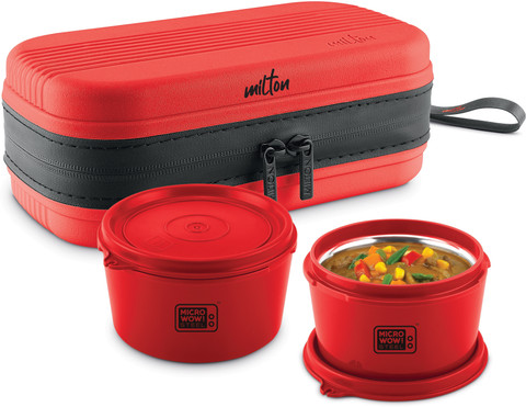 MILTON Urban Case Microwavable Lunch Box Inner Steel, Double Wall 320ml  each, Red Containers Lunch Box
