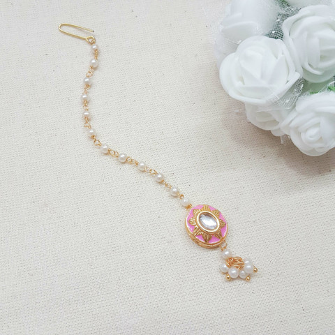 Jaipri Oval Shape Kundan Meenakari Small Size Pink Maang Tikka For