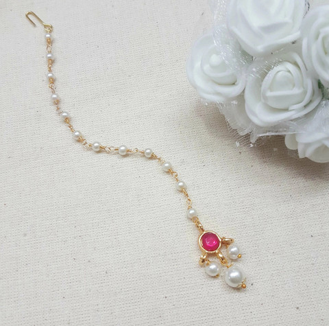 Jaipri Round Shape Stone Maang Tikka For Girls and Kids (Red