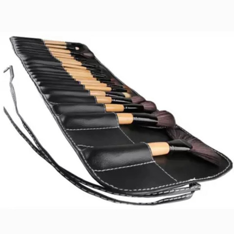 PLESSIS 24 pc Makeup Brush Set With Leather Pouch- black Pack of