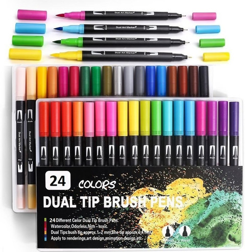 Corslet Brush Marker Pens Dual Tip, 24 Color