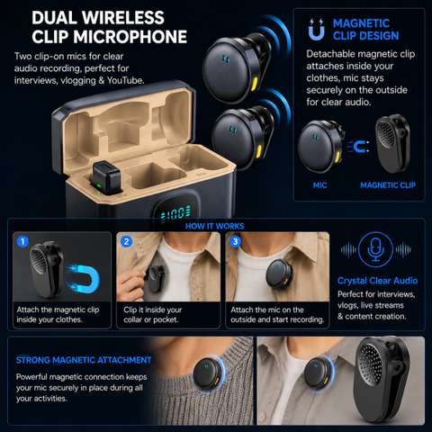 Arvy Dual Wireless Magnetic Clip Lavalier Microphone - Image 7