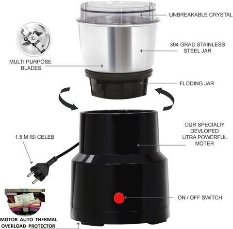 credebs Jar Grainder Juice Coconut Chutney Ginger Garlic Paste- Copper  Winding Motor 350 W Juicer Mixer Grinder