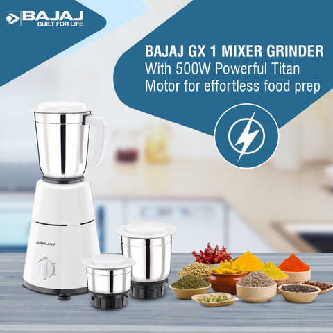 BAJAJ GX 500 W Juicer Mixer Grinder (3 Jars, White) Price in