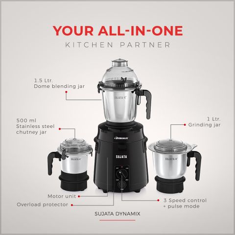 Sujata Dynamix Black 900W Mixer Grinder, 3 Jars - Image 4