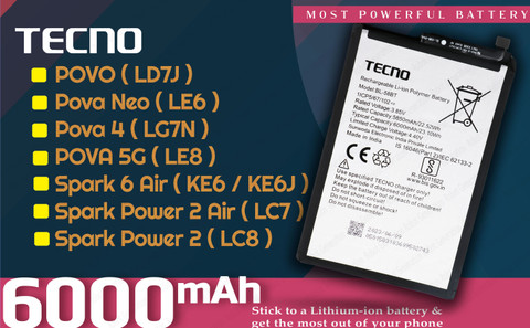 Tecno Mobile Battery For BL 58BT Tecno POVA 5G/Neo/ LE8/LE6/ Ld7j/ Spark  Air KE6/Spark Power Air /LC8/ LC7-6000 MAh
