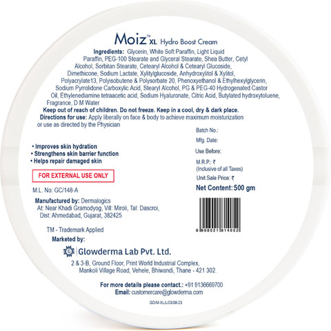 Moiz XL Hydro Boost Cream | For Dry and Sensitive Skin | 500g