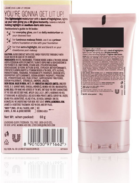 Lakmé Lumi Lit Cream - Moisturizer + Highlighter| Niacinamide