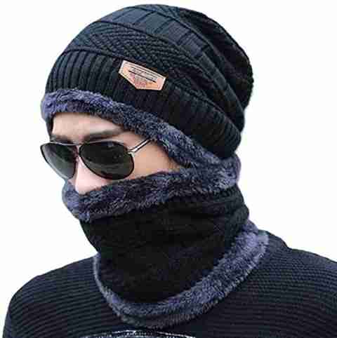 Zonkar Unisex Black Winter woolen Beanie Knit Skull Hats with Neck