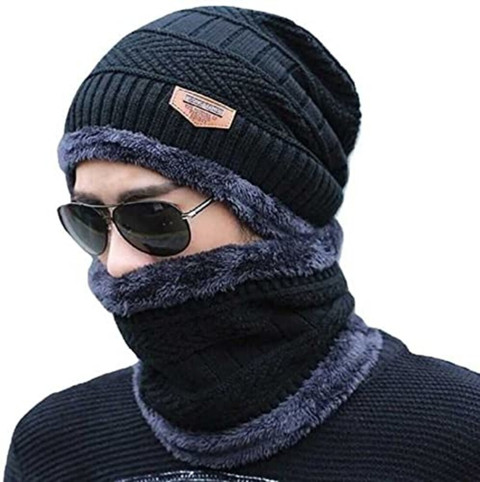 Zonkar Unisex Black Winter woolen Beanie Knit Skull Hats with Neck