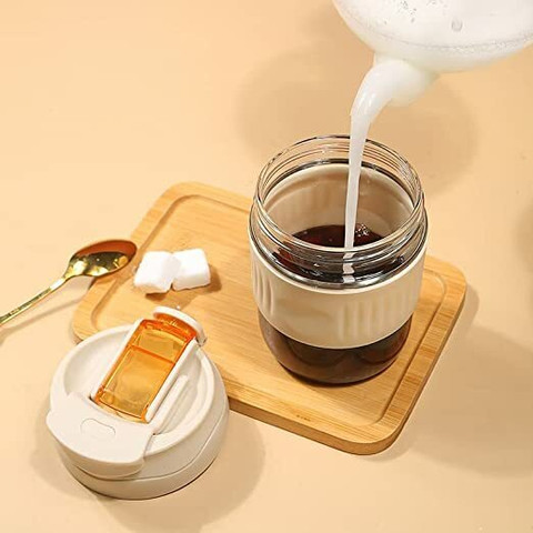 YELONA Ivory White Reusable Glass Coffee Tea with in Sipper