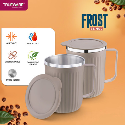 Trueware Frost Unbreakable Tea Coffee Double Wall Insulated with Handle and  Lid Stainless Steel, Plastic Coffee Mug