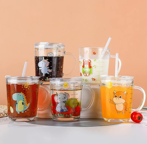 Wintwilla Printed Milk Cups for Kids Glass with Straw and Lid