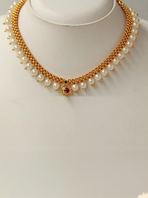 Heer Collection Traditional Wedding Maharashtrian Kolhapuri Thushi White  Pearl Beads Necklace Set Jewellery Pearl, Crystal Gold-plated Plated Copper 