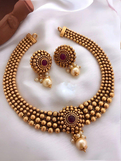ROFARWORD Traditional Wedding Wear Jewellery Set For Women and Girls Zircon  Gold-plated Plated Copper Necklace Set