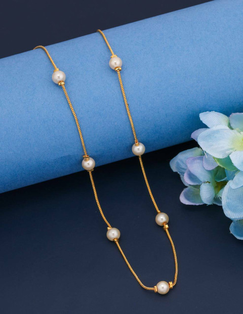 Denique Everyday use white pearl Chain Mala Beads chain for Women Girls  Gold-plated Plated Alloy Chain