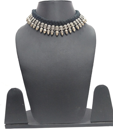 athizay Black Thread Necklace choker Oxidised Silver Metal beads