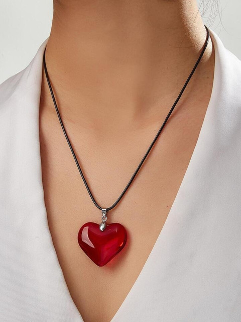 cavine Red Heart Pendant Dori, Glass, Stainless Steel Necklace