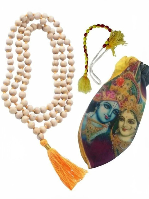 Firmus Original 108 Beads 3D lord Krishna Radha Tulsi Jaap Mala with Mantra  Jaap Bag Fabric, Wood Layered