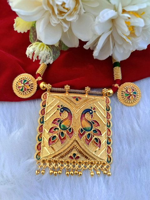 Peacock Design Gold Necklace With Enamel Work NL6745 Peacock