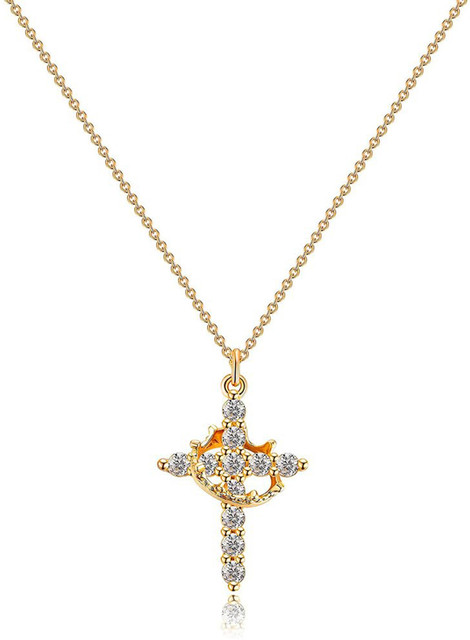 sannidhi Chic Golden Cross Necklace with Crown Ornament Women Gold