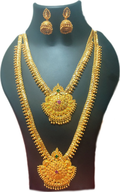 A to B Guarantee Gold Covering Guarantee Short Long Haram Necklace set  with Jimikki for Women Girls Ruby Gold-plated Plated Copper Chain