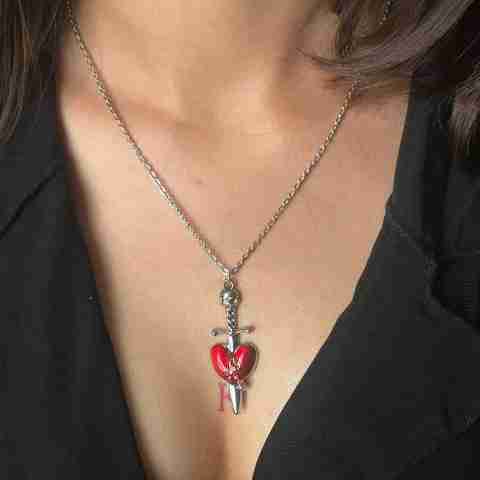 Samna Handicrafts Gothic sword red heart korean necklace Silver